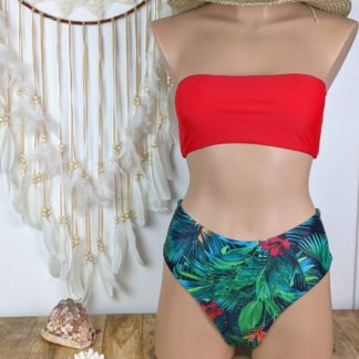 maillot de bain femme bandeau bas de maillot taille haute coloris rouge pour le haut et motif tropical pour le bas culotte échancrée légèrement coussinets amovibles
