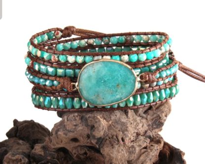 bracelet en pierres naturelles de jade multi tour style bracelet wrap fil en cuir ajustable au poignet à trois positions fermoir fleurs argent