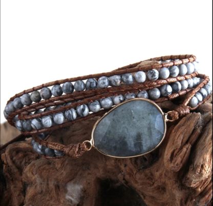 bracelet en pierres naturelles jaspe gris multi tour style bracelet wrap fermoir métal fleurs