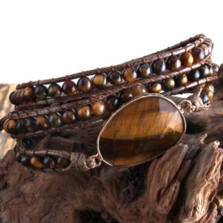 bracelet en pierres naturelles oeil de tigre bracelet fil cuir ajustable sur trois positions grâce à trois encoches fermoir fleur en métal style bohème bracelet wrap