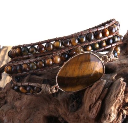 bracelet en pierres naturelles oeil de tigre bracelet fil cuir ajustable sur trois positions grâce à trois encoches fermoir fleur en métal style bohème bracelet wrap