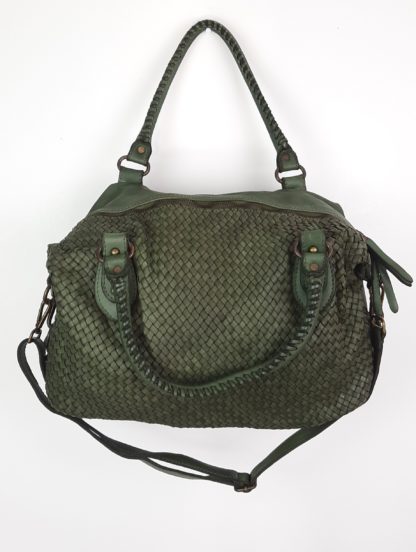 sac cuir tressé marque italienne coloris kaki bandoulière amovible et ajustable se porte aussi en sac à main grâce à deux anses