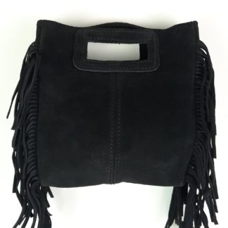 sac à main pochette cuir femme bandoulière amovible et ajustable en croûte de cuir italien noir . style bohème avec franges .