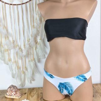 maillot de bain femme bandeau coupe bikini brésilien femme haut uni noir bas coupe tanga blanc doublé motif feuille existe en trois taille coussinets amovibles