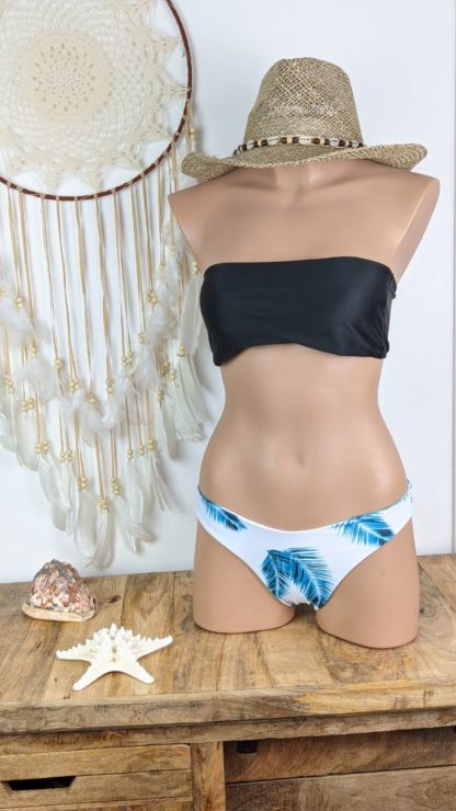 maillot de bain femme bandeau coupe bikini brésilien femme haut uni noir bas coupe tanga blanc doublé motif feuille existe en trois taille coussinets amovibles