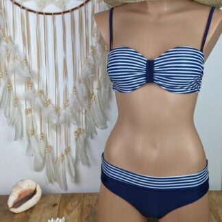 bikini plage maillot de bain 2 pièces coloris bleu marinière soutien gorge classique rembourré bretelles réglables culotte classique couvrante