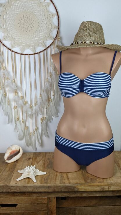 bikini plage maillot de bain 2 pièces coloris bleu marinière soutien gorge classique rembourré bretelles réglables culotte classique couvrante