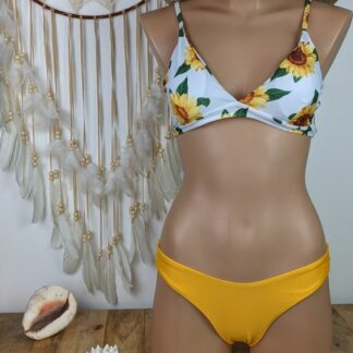 maillot de bain femme 2 pièces haut réglable au dos et aux bretelles blanc avec tournesol bas coupe échancrée jaune stule bikini brésilien femme