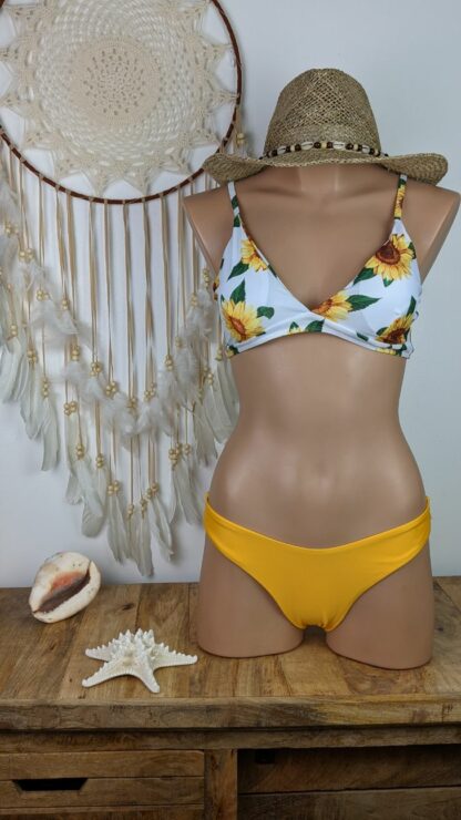 maillot de bain femme 2 pièces haut réglable au dos et aux bretelles blanc avec tournesol bas coupe échancrée jaune stule bikini brésilien femme