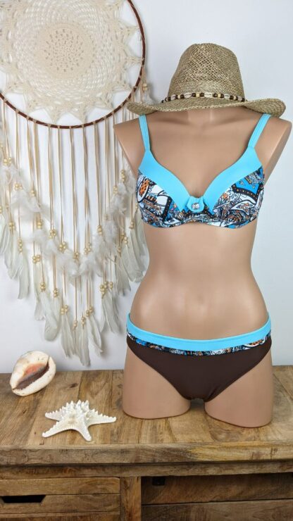 bikini plage coupe maillot de bain femme 2 pièces classiques turquoise et marron haut forme soutien gorge bretelles amovibles bas classique couvrant