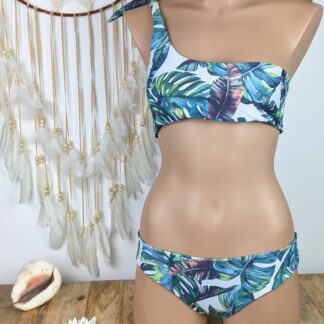 bikini plage 2 pièces asymétrique et réversible coloris fleuri culotte classique forme bandeau à une bretelle sur l'épaule