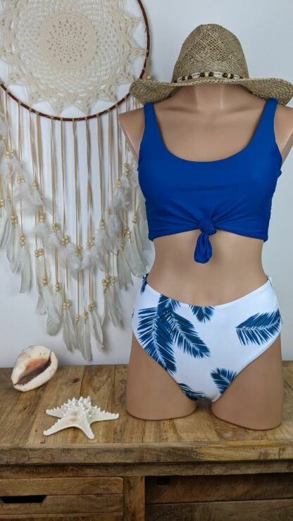 maillot de bain femme 2 pièces haut brassière bleu bas culotte taille haute blanche doublée motif feuille palmier bleu