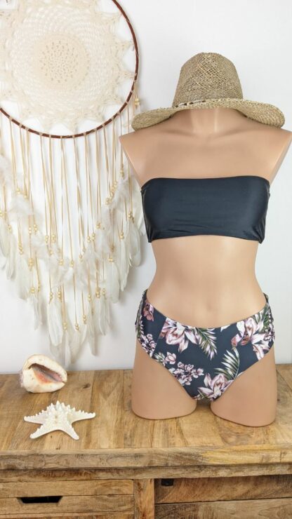 maillot de bain femme taille haute bikini deux pièces maillot de bain avec bandeau noir et bas fleuri existe en trois taille