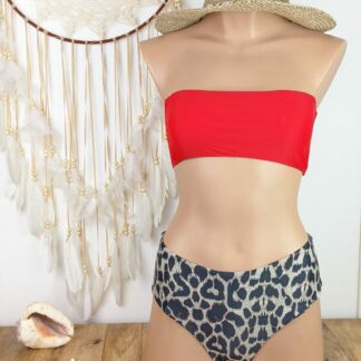 maillot de bain femme deux pieces bandeau taille haute pour la culotte coloris léopard existe en trois taille coussinets amovibles