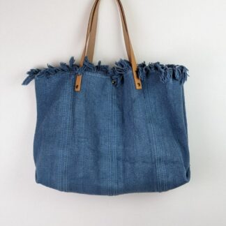 sac de plage avec anses en cuir de couleur bleu en 100 % coton grande contenance une poche principale