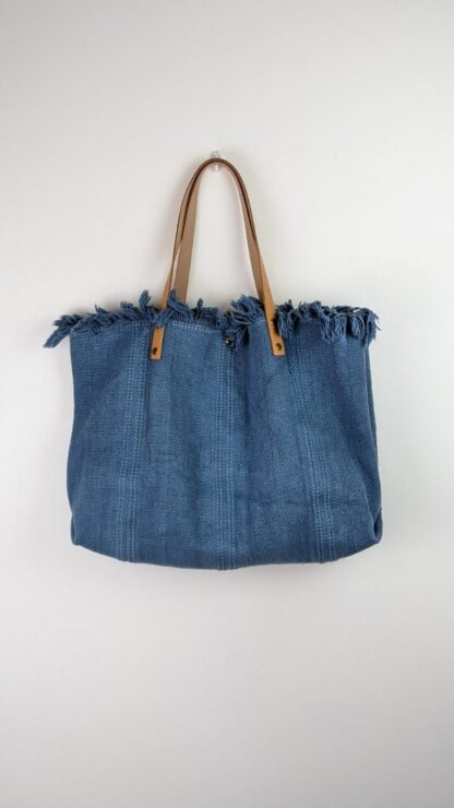 sac de plage avec anses en cuir de couleur bleu en 100 % coton grande contenance une poche principale