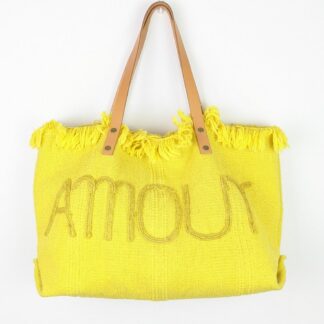 sac de plage femme Amour coloris jaune avec anses en cuir de bonne contenance