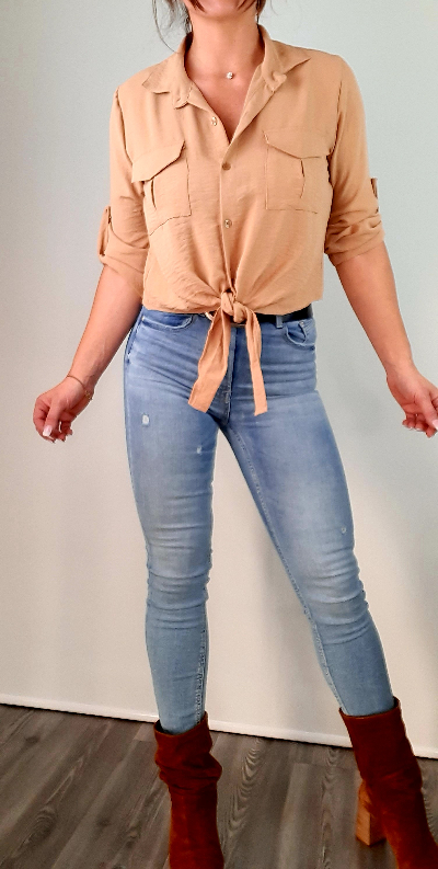 chemise fluide femme courte camel taille unique noeud sur le bas poches à rabat poitrine