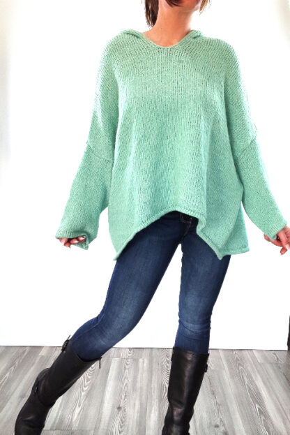 pull oversize femme grosse maille manches longues capuche coupe ample coloris vert