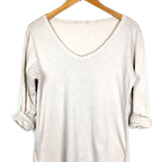 tee shirt pour femme manches longues coloris beige encolure V 100% coton coupe loose
