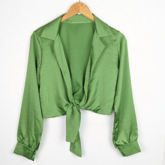 chemise cache coeur femme satin vert manches longues encolure v noeud à la taille taille unique du trente quatre au quarante boutons à la manche
