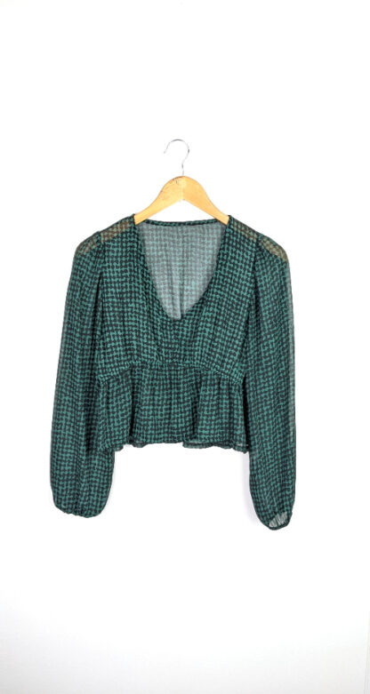 crop top manche longue coupe blouse bohème de style chemise à carreaux femme en voile vert et noir taille unique manches avec élastique au poignet et élastique sous poitrine