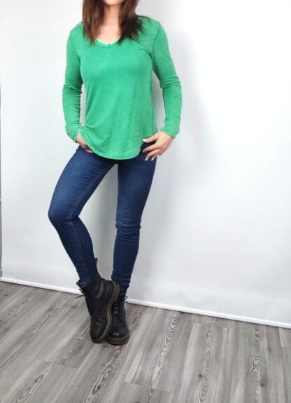 tee shirt manches longues femme vert tendance encolure en v coupe oversize loose en coton côtelé