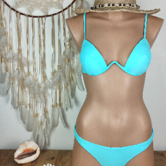 maillot de bain deux pièces femme coupe bikini brésilien femme haut push up coloris turquoise bretelles réglablesattaches au dos
