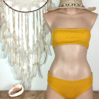 maillot de bain femme deux pièces haut bandeau lacet au dos coussinet amovible bas de maillot bikini brésilien femme coloris moutarde