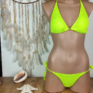 maillot de bain femme deux pièces coupe bikini triangle coloris jaune fluo bas ajustable lien hanches haut noué au dos et au cou