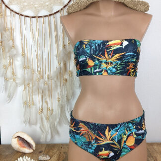 maillot de bain bandeau femme dos lacet ajustement du tour de dos bas de maillot bikini plage taille haute réversible coloris fond noir toucan vert orange ou uni vert