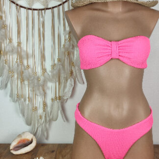 maillot de bain bandeau femme noeud au centre noué ajustable au dos coussinets amovibles bas bikini brésilien femme coloris rose