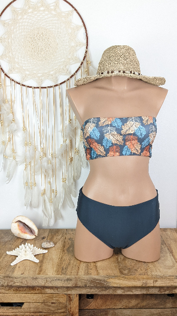 maillot de bain femme deux pièces haut de maillot de bai bandeau bas de bikini plage taille haute légèrement échancré et réversible coloris gris plume orange vert bleu