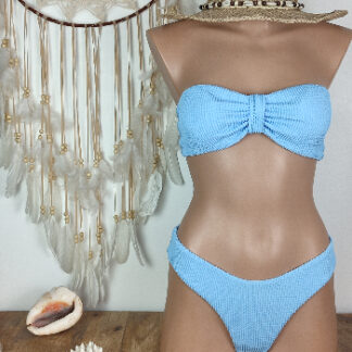 maillot de bain femme bandeau coussinets amovibles noué ajustable au dos bas de maillot bikini brésilien femme coloris gris bleu ciel