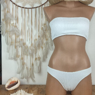 maillot de bain bandeau femme coussinets amovibles bon maintien entièrement doublé bas de bikini brésilien femme coloris blanc existe en trois tailles