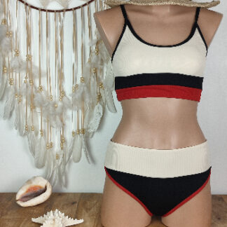 bikini maillot de bain femme brassière bas de maillot taille haute coloris beige noir rouge bretelles amovibles coussinets amovibles existe en 3 tailles maille cotelée