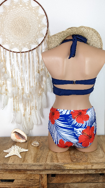 maillot de bain femme deux pièces coupe maillot de bain femme ronde gainant bas taille haute fond blanc fleuri rouge bleu marine haut rembourré bleu marine