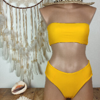 maillot de bain femme taille haute haut de maillot bandeau coussinets amovibles bas de maillot gainant coloris jaune moutarde existe en trois tailles