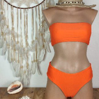 maillot dce bain femme taille haute gainant doublé échancré légèrement et haut de maillot de bain bandeau avec coussinets amovibles coloris orange existe en quatre taille
