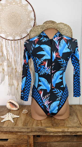 maillot de bain une pièce femme coupe maillot de bain manche longue ton bleu fermeture éclair au dos style vetement surf