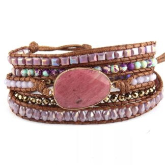 bracelet en pierres naturelles bracelet wrap rhodonite mélange cuir pierres et perles ajustable sur trois longueur