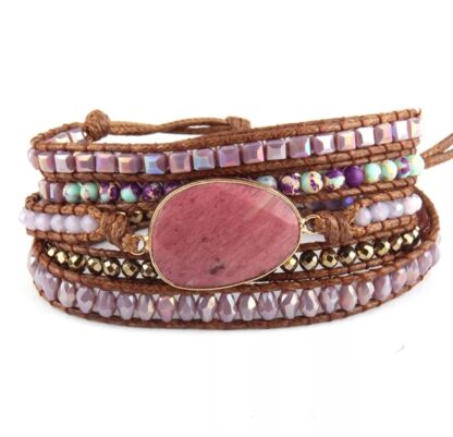 bracelet en pierres naturelles bracelet wrap rhodonite mélange cuir pierres et perles ajustable sur trois longueur
