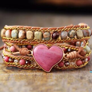 bracelet en pierres naturelles coupe bracelet wrap pierres rodhonite en forme de coeur fil du bracelet en cuir