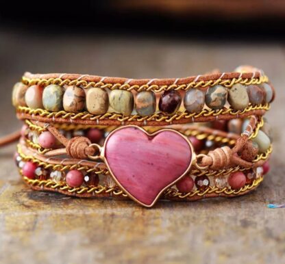 bracelet en pierres naturelles coupe bracelet wrap pierres rodhonite en forme de coeur fil du bracelet en cuir
