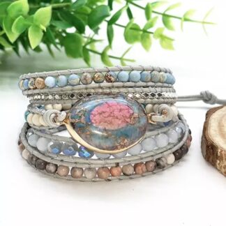 bracelet en pierres naturelles en jaspe forme bracelet wrap multi tour fil de maintien en cuir gris perles et pierres blanc gris vert trois tailles pour s'ajuster à votre poignet