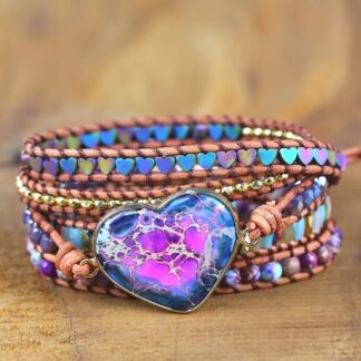 bracelet en pierres naturelles jaspe forme coeur multicolor bracelet wrap multi tour avec fil de maintien en cuir fermoir coeur doré ajustable à votre poignet avec trois positions