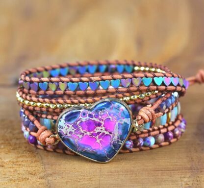 bracelet en pierres naturelles jaspe forme coeur multicolor bracelet wrap multi tour avec fil de maintien en cuir fermoir coeur doré ajustable à votre poignet avec trois positions