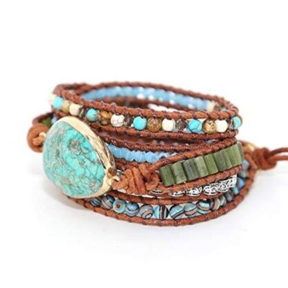 bracelet en pierres naturelles forme bracelet wrap en jaspe bleu jade vert fil cuir de maintien se ferme avec fermoir argenté réglable en trois positions de tour de poignet