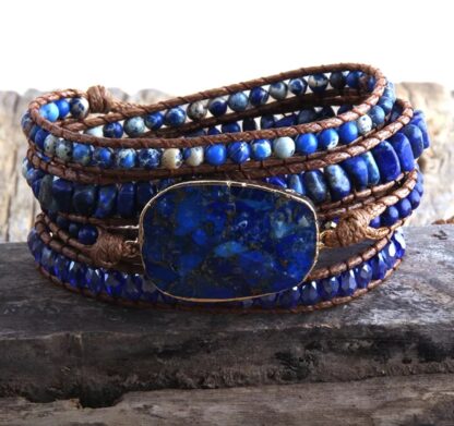 bracelet en pierres naturelles avec naturelles bleu foncé perle doré bracelet wrap 5 tours fermoir réglable sur Trois positions fermoir noeud avec boutons argenté forme marguerite