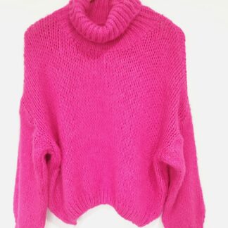 pull col roulé femme laine manches longues coupe oversize taille unique coupe idéale jeans coloris rose vif